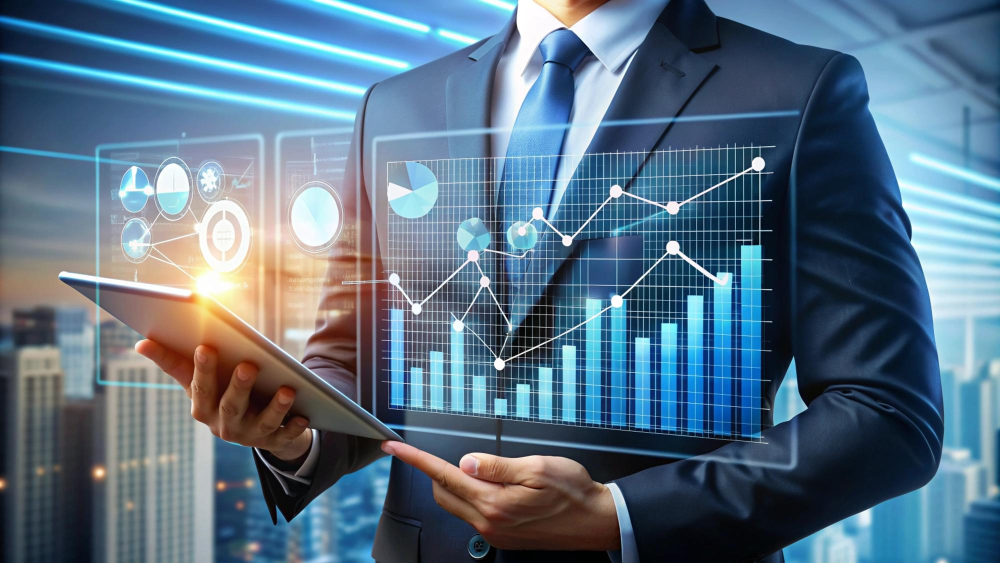 Business professional analyzing digital growth charts on a tablet, representing an App development company in New Jersey focused on data-driven software solutions.