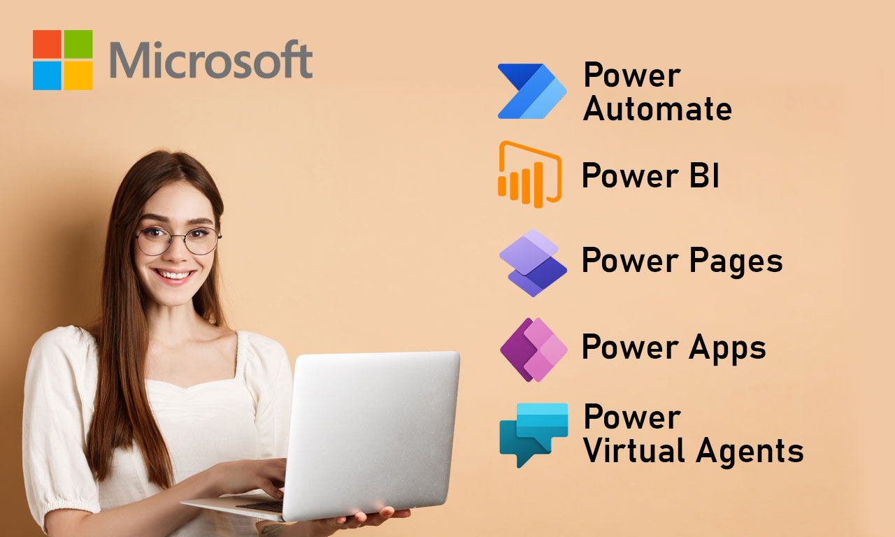 Smiling woman with laptop next to Microsoft Power Platform icons including Automate, BI, Pages, Apps, and Virtual Agents.