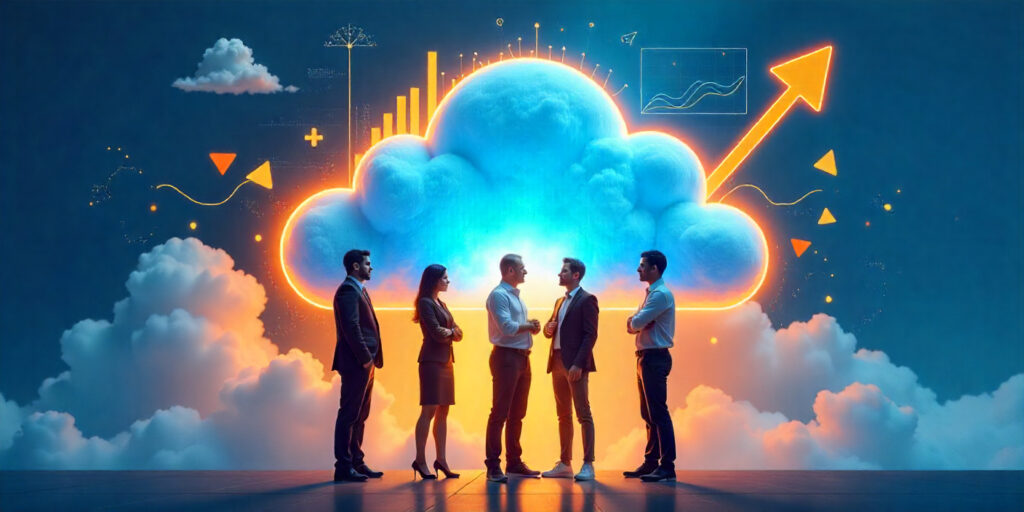 A group of business people stands in front of a cloud featuring an upward arrow, representing progress and digital transformation.