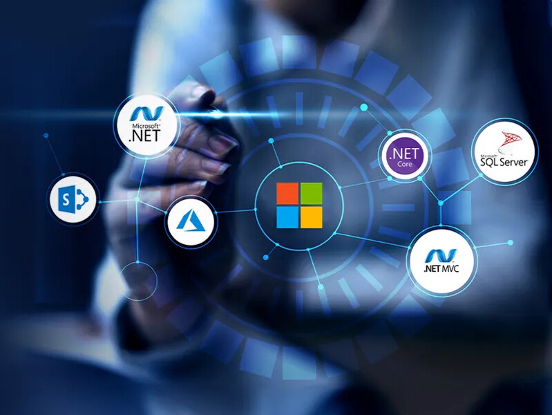 Microsoft cloud ecosystem showing .NET, Azure, SQL Server, SharePoint, and Power Platform integration.