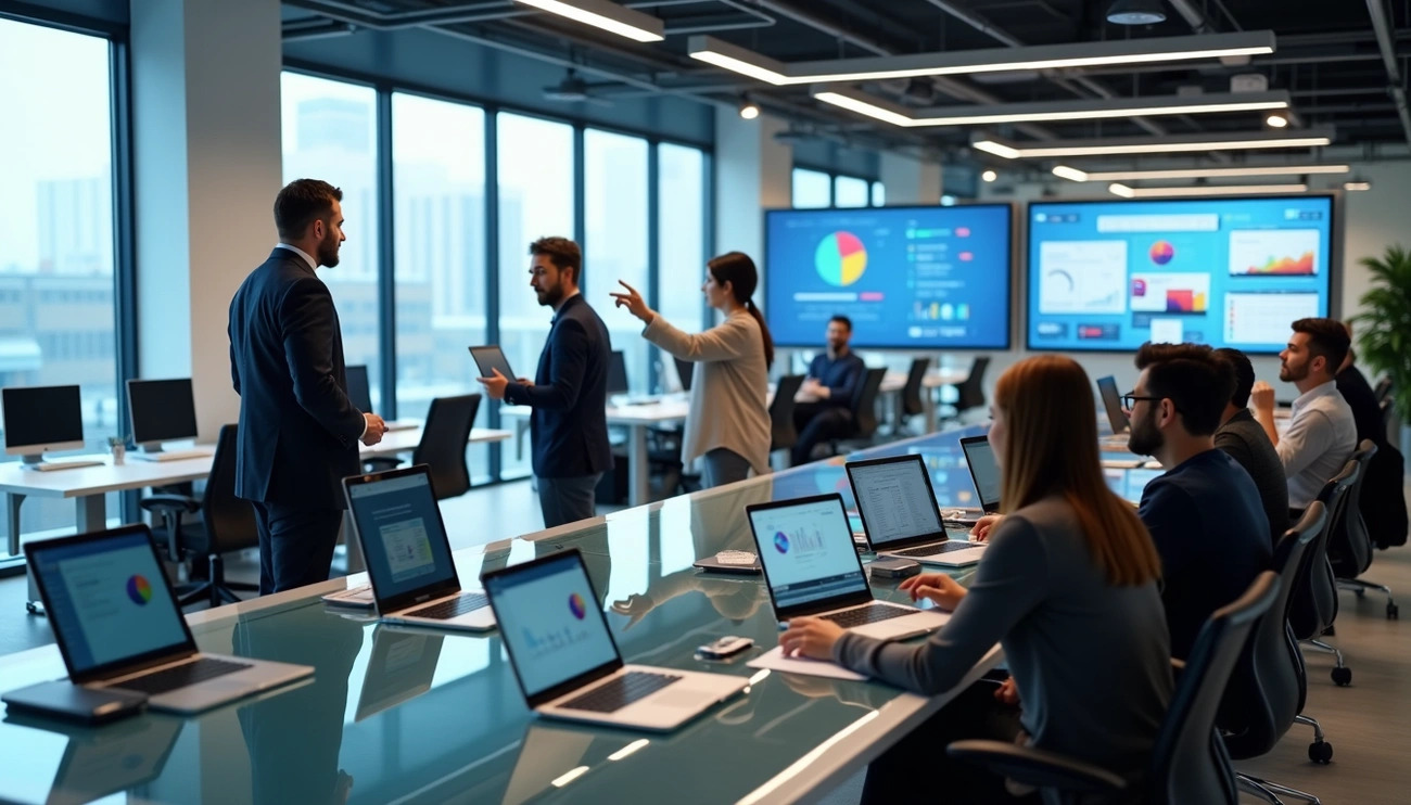 Business professionals collaborating in a modern office environment, discussing strategies and projects for a SaaS development company.