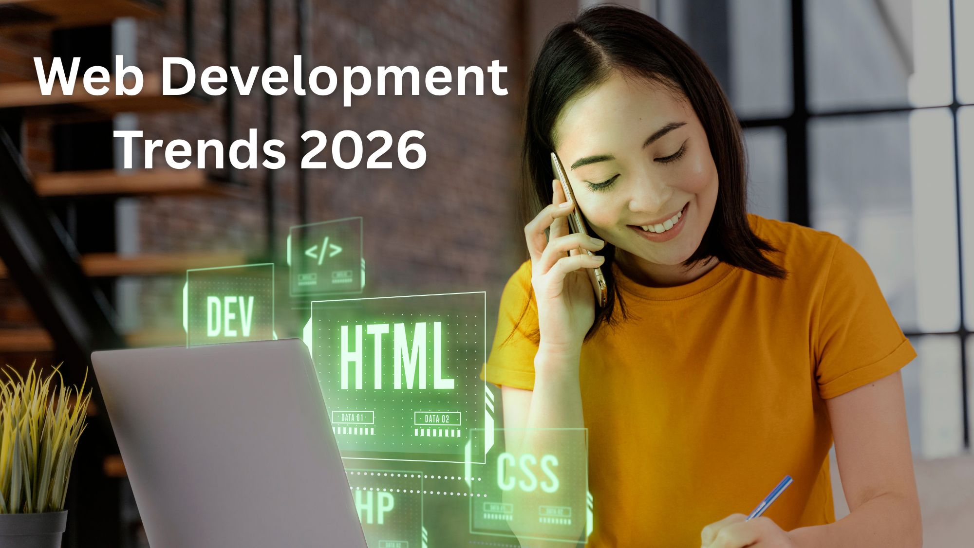 A web developer smiling while working on HTML and CSS code, representing 2026 web development trends and innovative custom app development New Jersey.