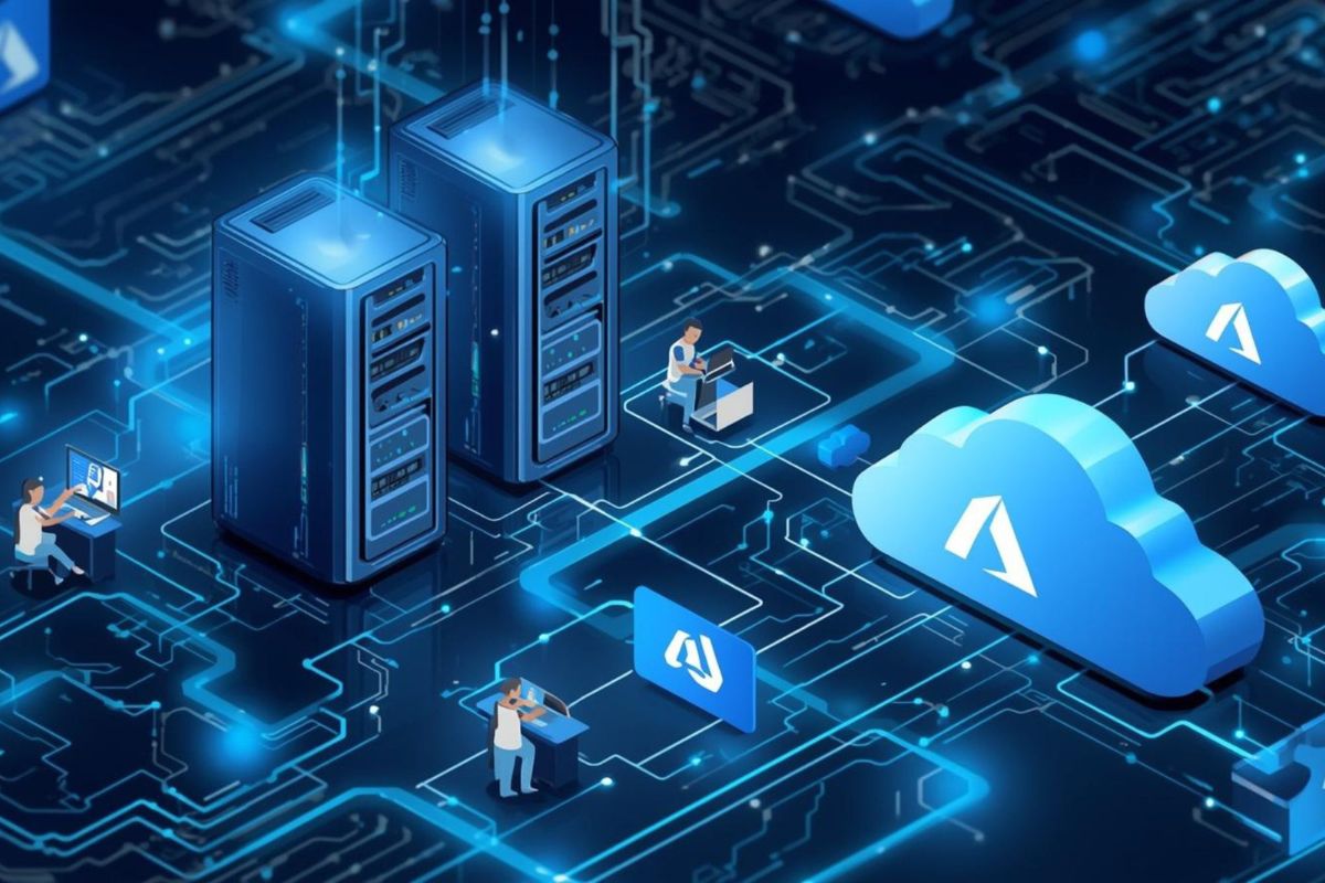 Visual representation of cloud computing and data storage, highlighting azure cloud services and digital connectivity.
