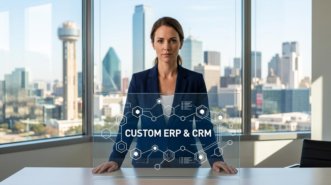 Professional reviewing custom ERP development Dallas metrics at a desk overlooking the city skyline.