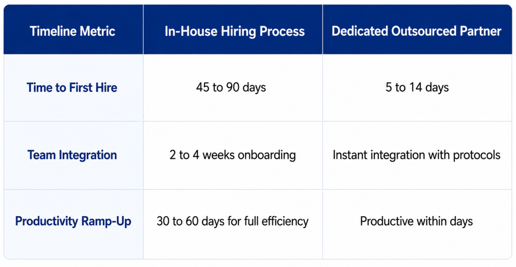 Comparison table: in-house hiring takes 45–90 days to hire, 2–4 weeks to onboard, and 30–60 days to full productivity; outsourced partner is faster.