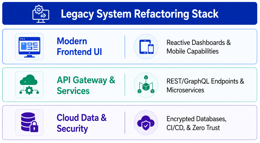Visual representation of the legacy system refactoring stack, showing various layers and their interconnections.