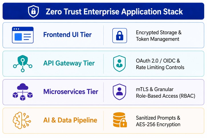Visual representation of a zero trust architecture featuring interconnected applications and security measures.