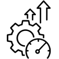 Line icon of a gear with upward-pointing growth arrows and a performance gauge