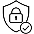 Line icon of a security shield containing a padlock and a checkmark verification mark