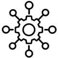 Line icon of a central gear connected to multiple surrounding node endpoints