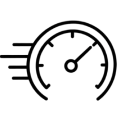 Line icon of a speedometer gauge with motion lines indicating fast speed