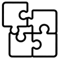 Line icon of four interlocking puzzle pieces with one piece fitting into place