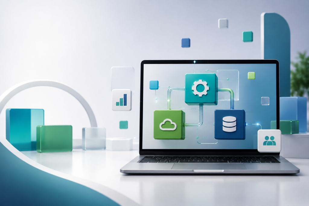 A laptop on a desk displays icons of a cloud, gears, a database, a chart, and people, representing digital technology and data management concepts—ideal imagery for showcasing full stack development services in New Jersey.
