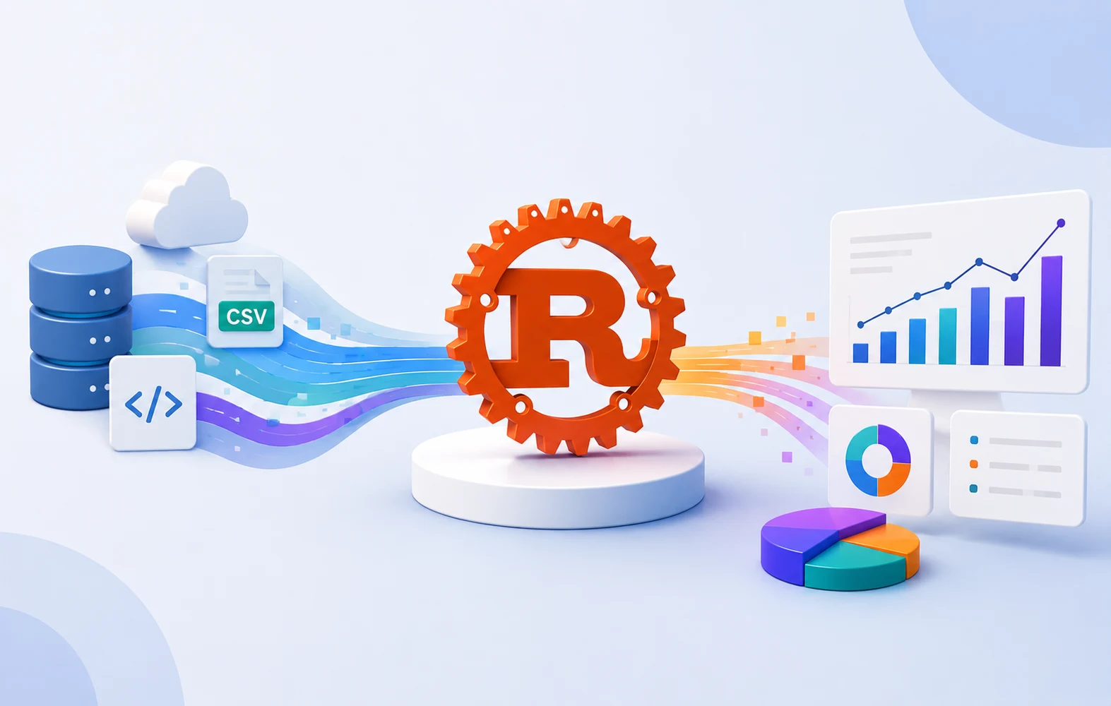 Orange Rust logo gear linked to cloud data icons for Rust development services Princeton NJ enterprise pipelines.