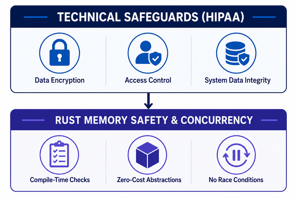 Infographic linking HIPAA safeguards—encryption, access control, data integrity—to Rust memory safety: compile checks, zero-cost abstractions, race prevention.