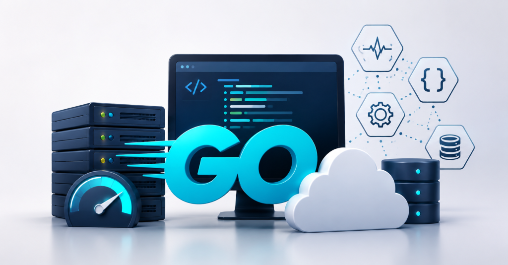 Stylized cloud computing diagram representing high-performance Golang API development services Princeton NJ for FinTech and HealthTech applications.