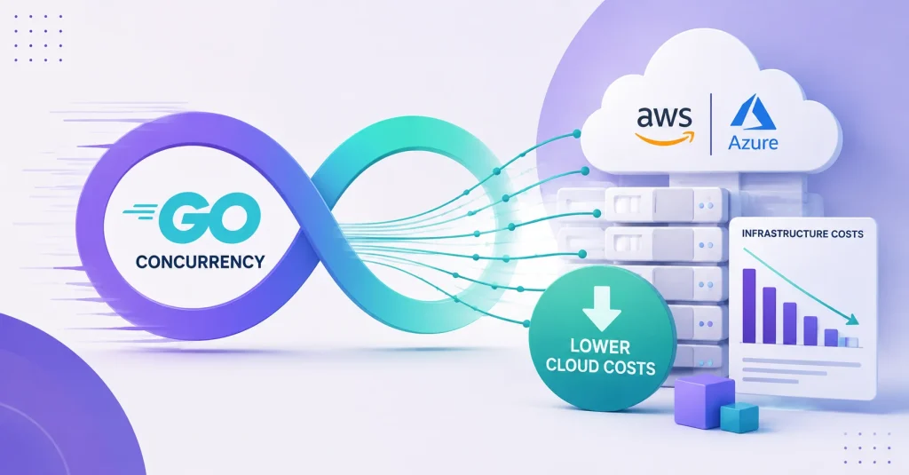 AWS and Azure cloud icons connected through a Go Concurrency symbol for Golang development services Princeton NJ enterprise optimization.