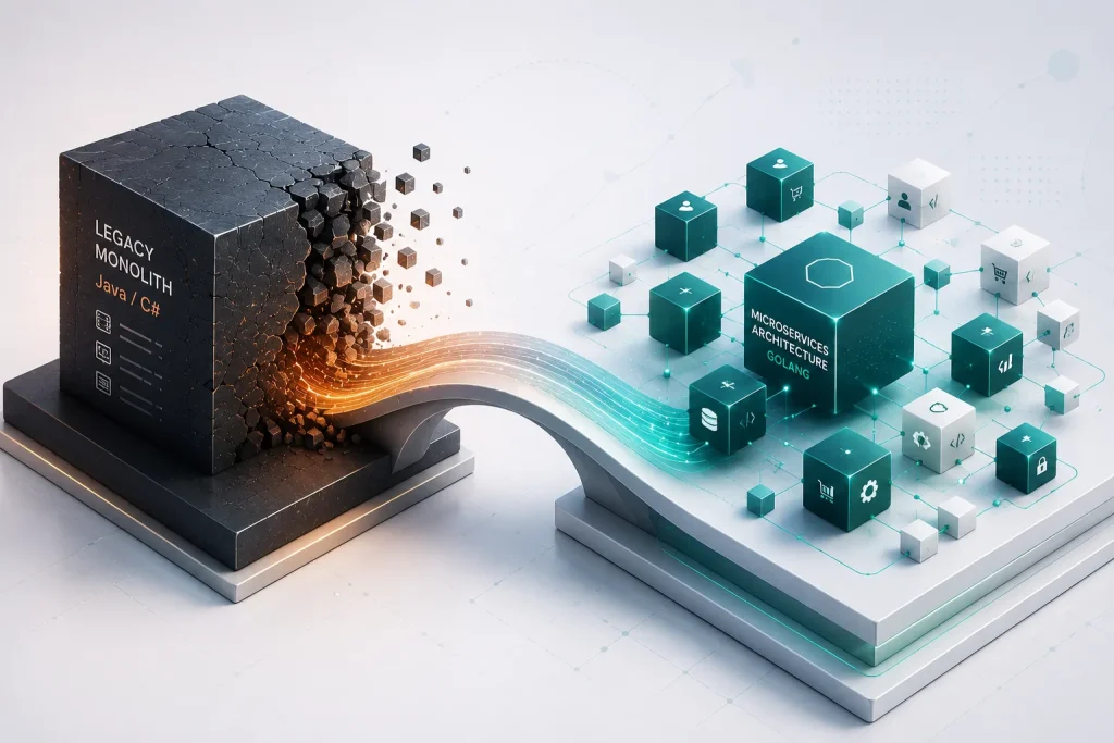 Conceptual 3D graphic of a cracked legacy Java C# monolith transitioning via a glowing bridge into a teal Golang microservices grid for Golang development services Princeton NJ.