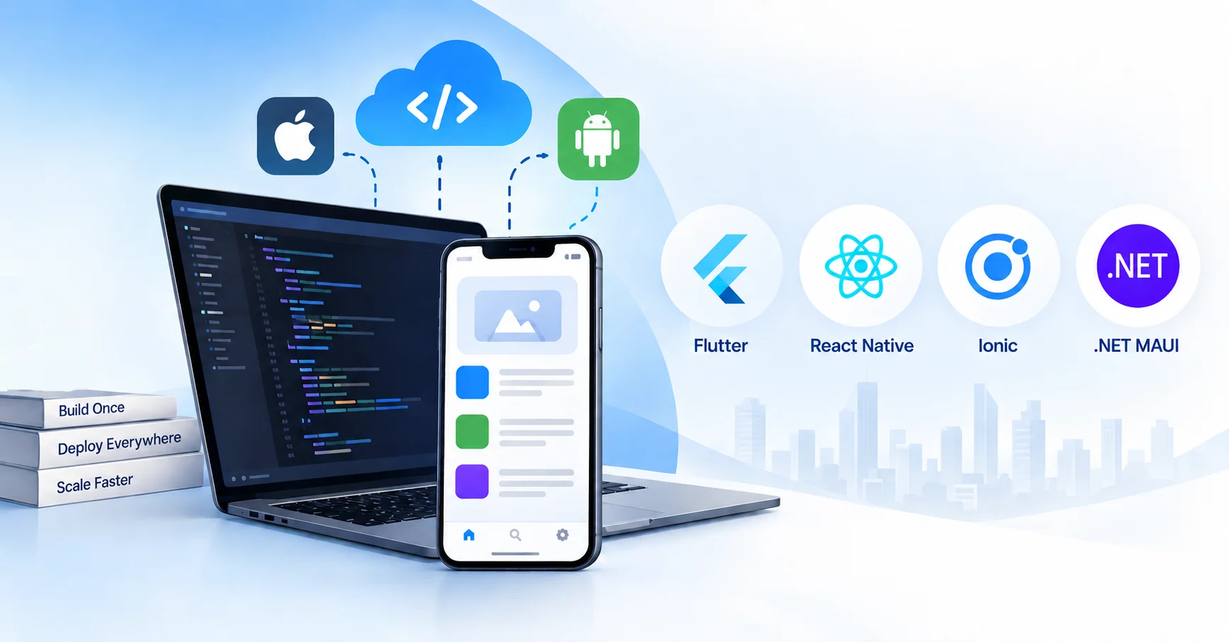 Cross-platform mobile app development diagram showing Flutter, React Native, and Ionic frameworks for hybrid mobile app development services princeton nj