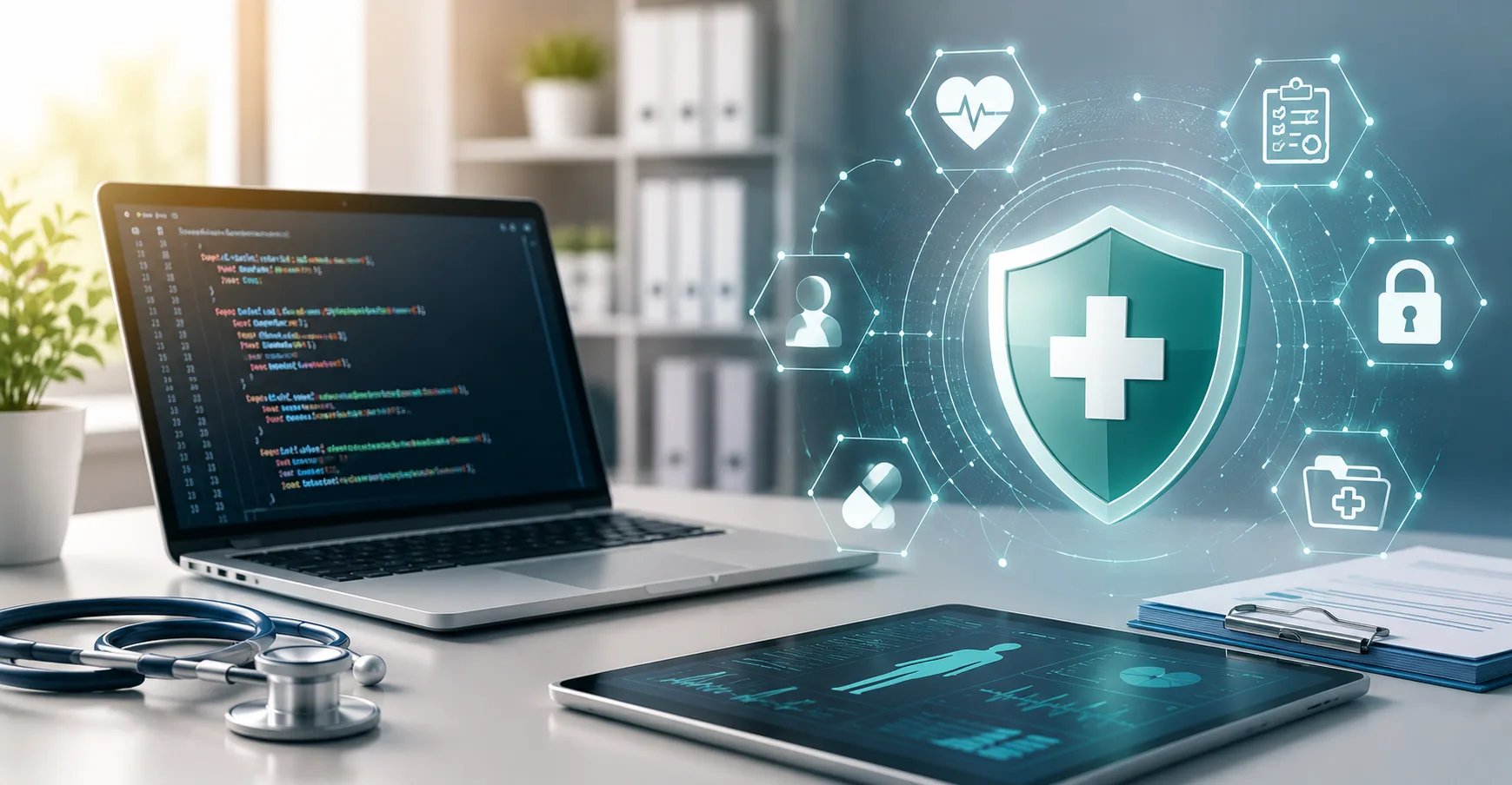 Laptop displaying code beside a stethoscope and tablet for Rust development services Princeton NJ healthcare systems.