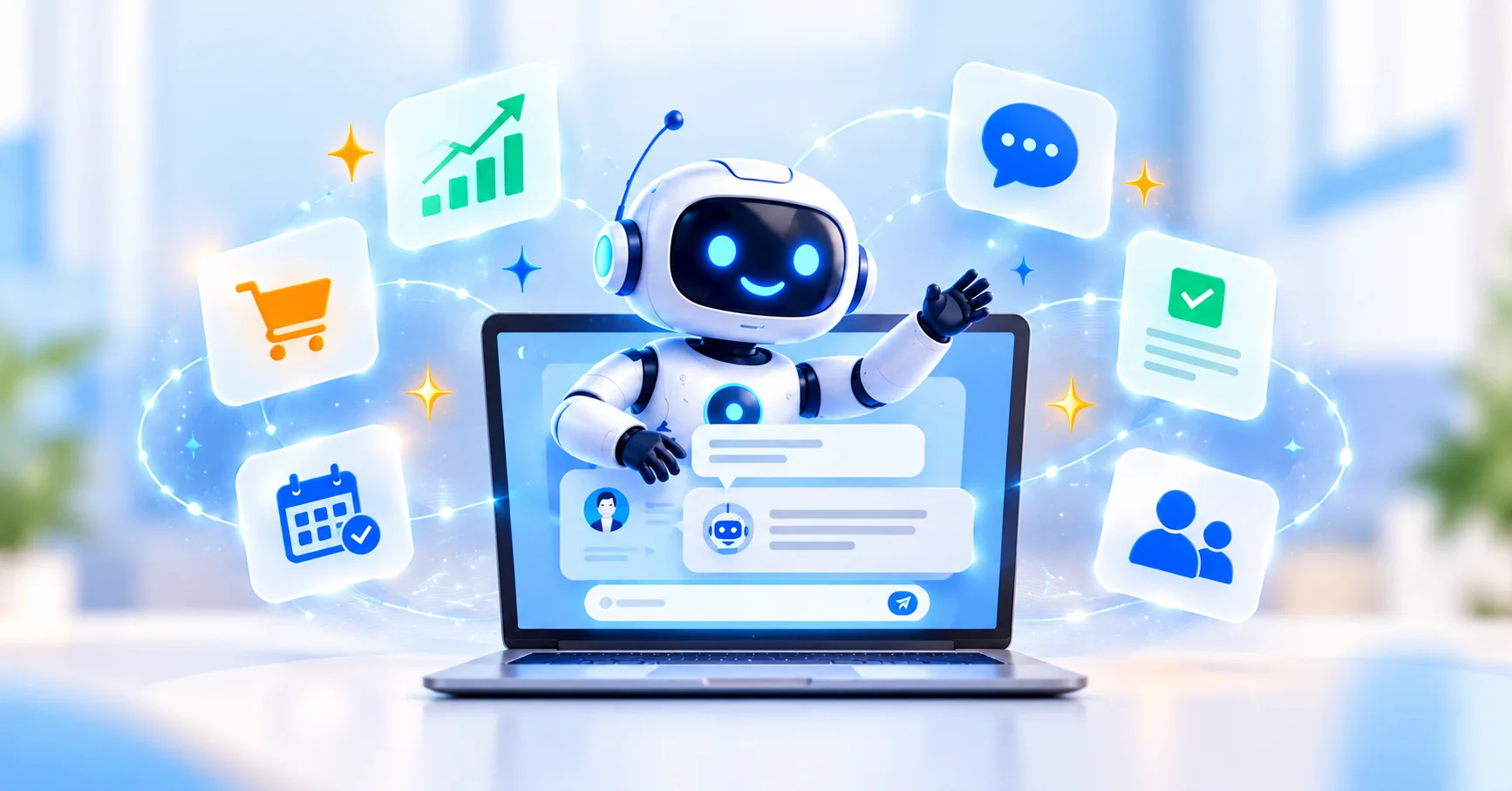 An AI website customer assistant dashboard showing chat workflows, calendar bookings, and customer metrics on a laptop screen.