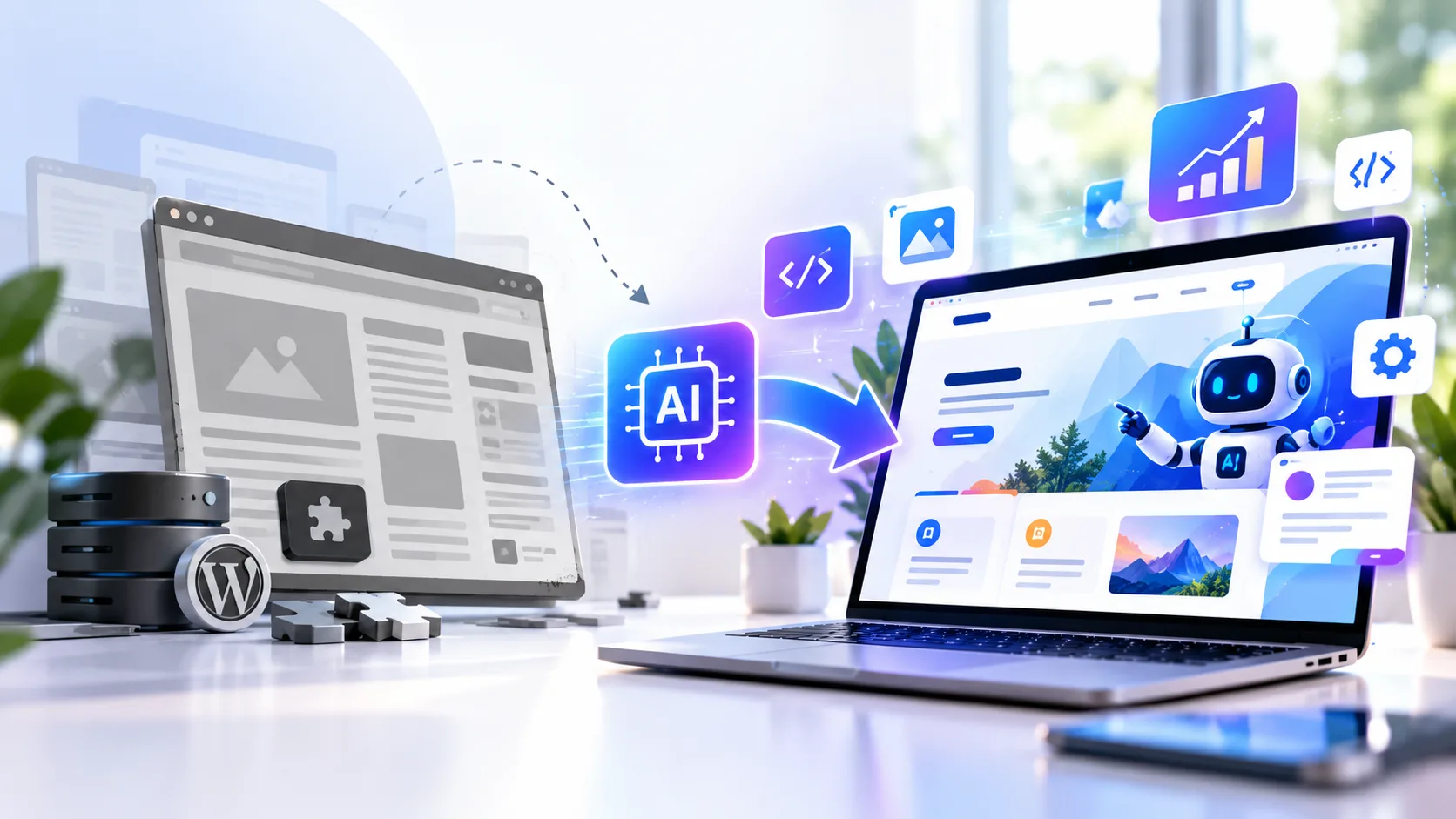 A laptop showing a website interface featuring an AI website development services graphic alongside a robot mascot connected via an illuminated chip icon.